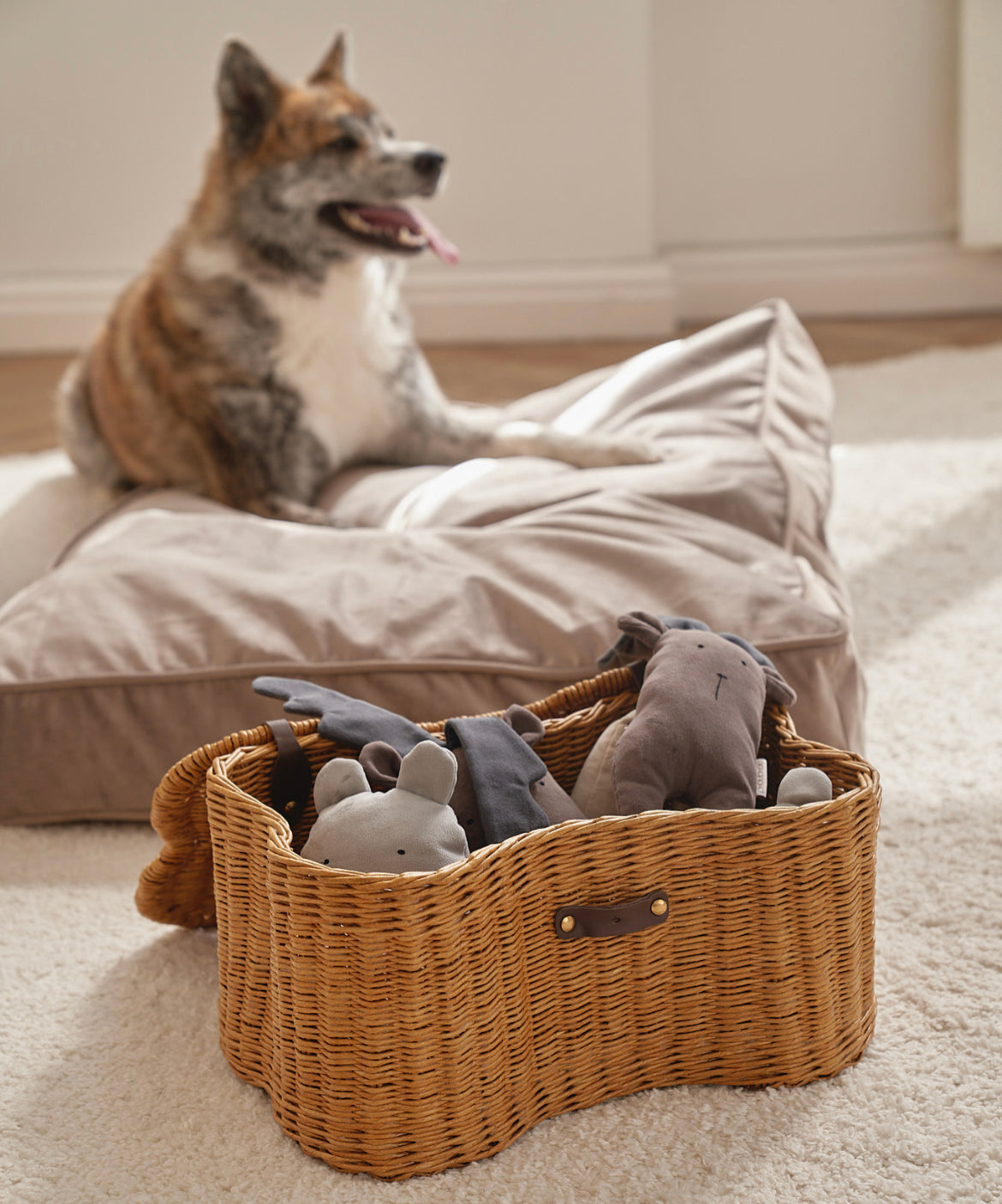 Wicker Toy Basket with Leather Inserts